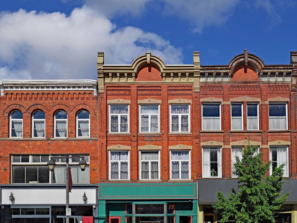 Facades of preserved 19th century commercial buildings of the type found in some older North American small town main streets